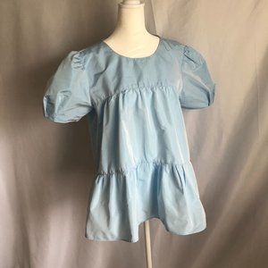 Zara Women's Blue Balloon Sleeve Blouse Top with Ruffled Hem Tie Pleats